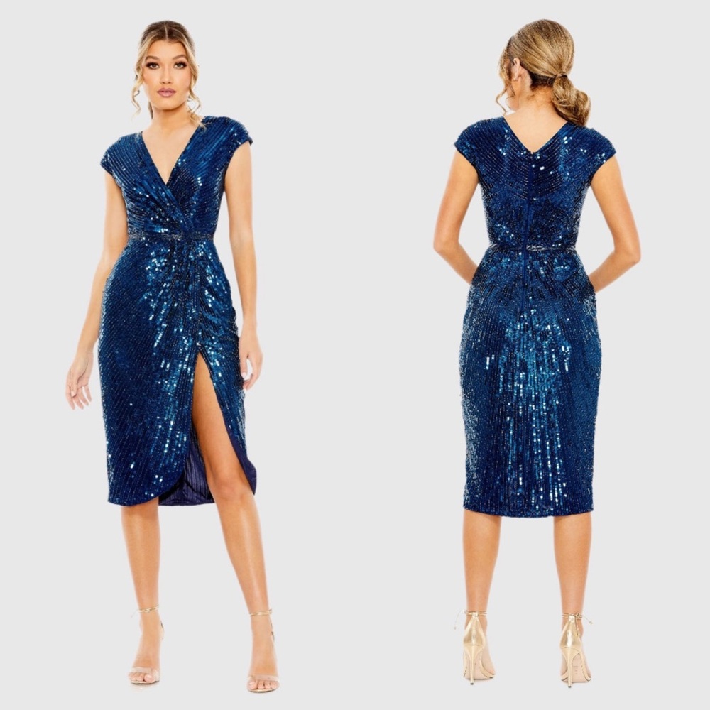 NEW NWT Mac Duggal Sequin Faux Wrap Front Slit Dress In Midnight Navy Blue